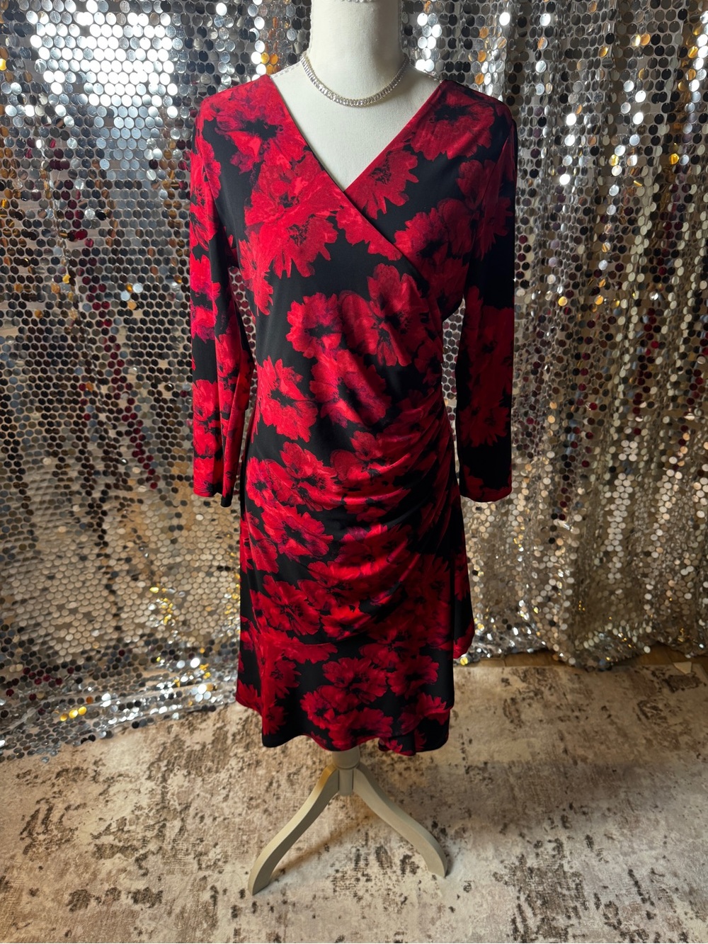 Anne Klein Red and Black Floral Wrap Dress